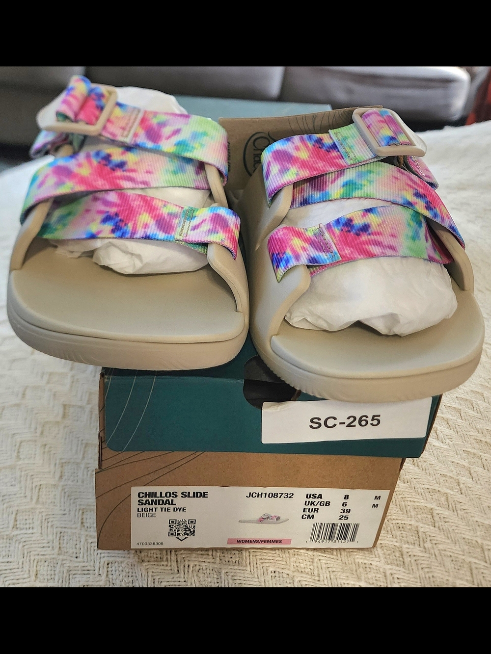 Chaco Tie-Dye Strap Slide Sandals - Multicolor on Tan Footbed - Picture 3 of 8